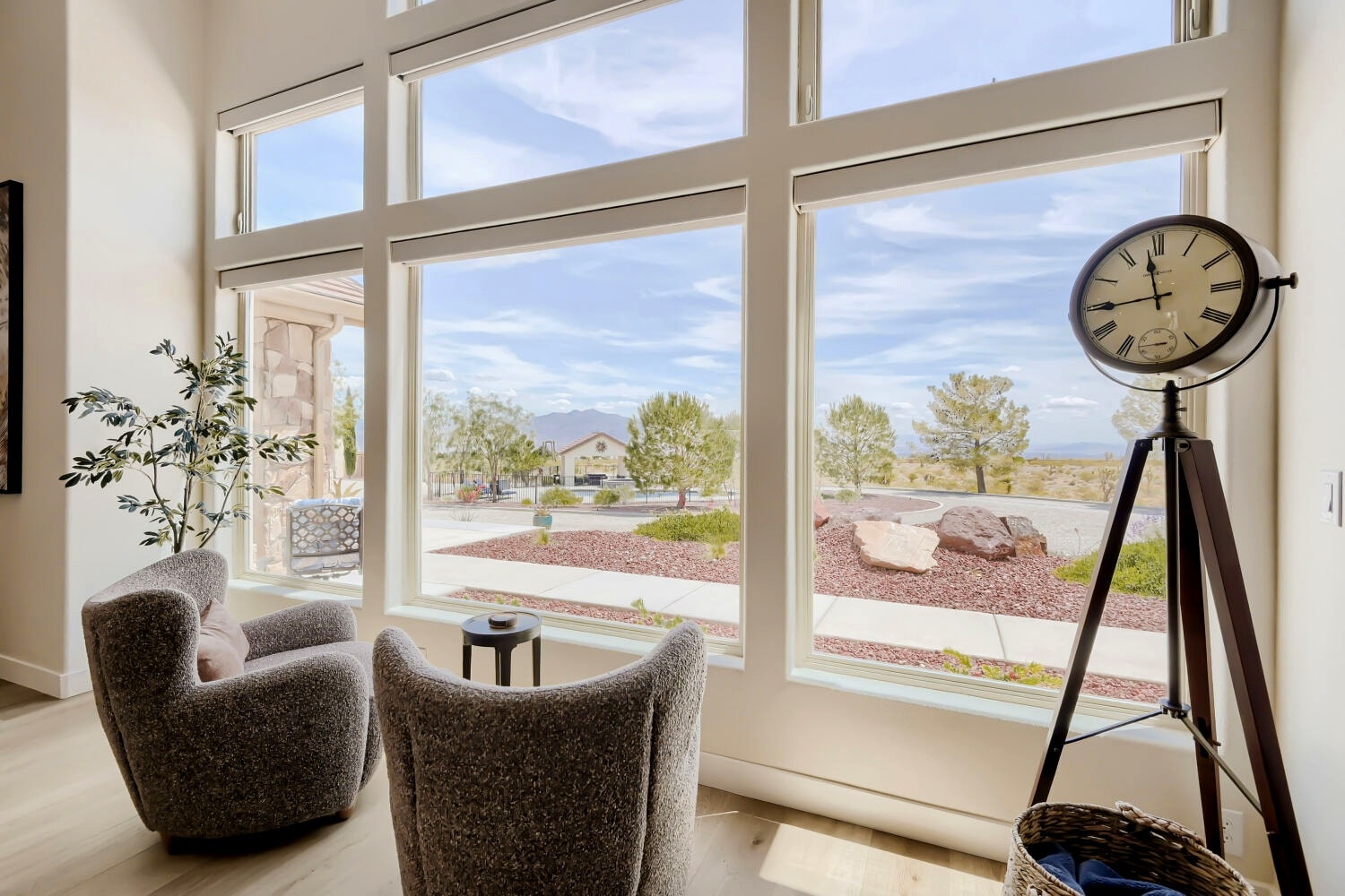 Modern living room with desert landscape view