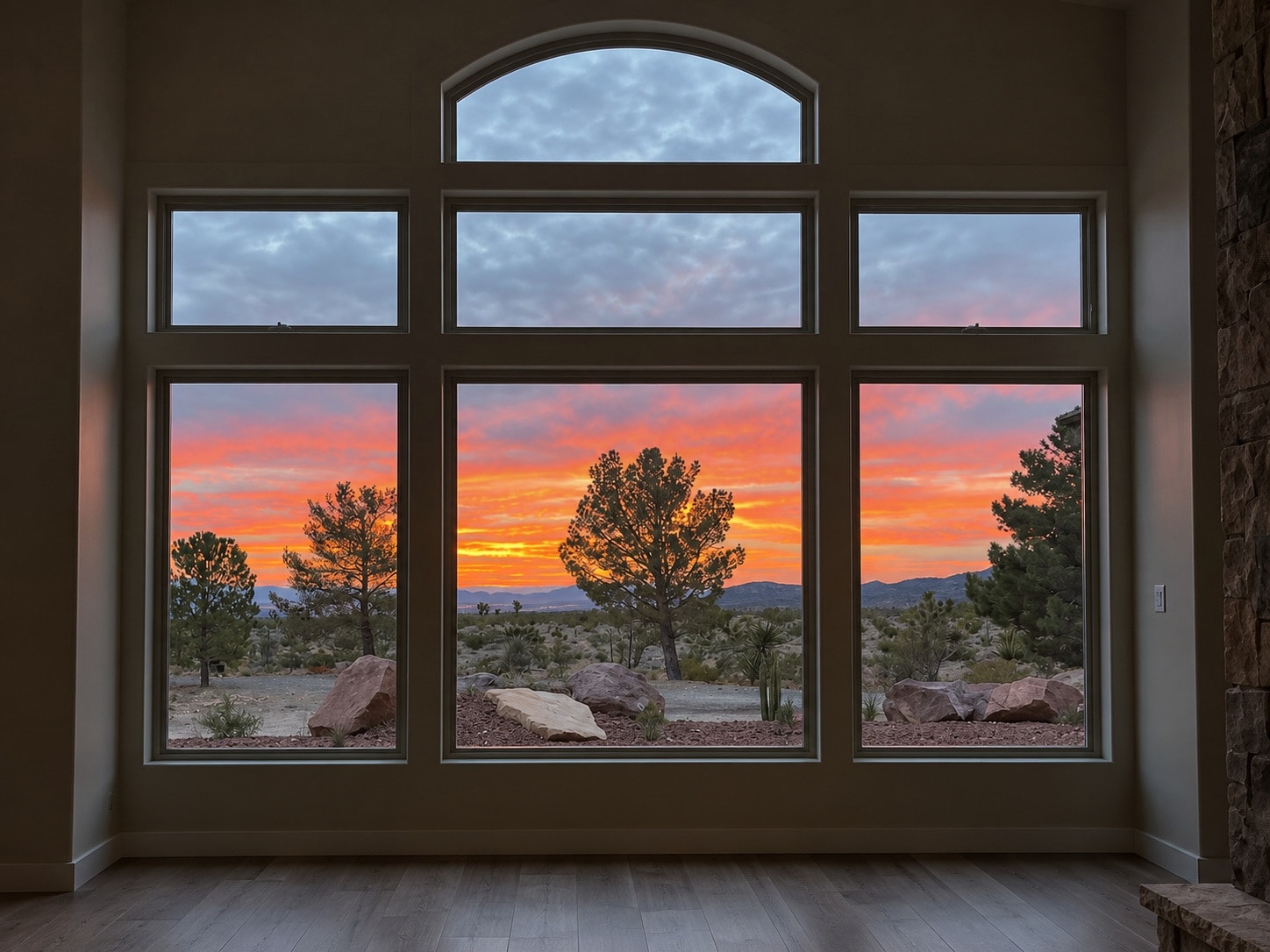 Desert sunset viewed through large windows